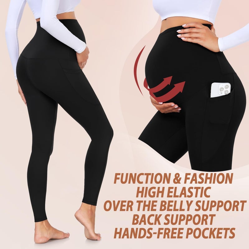 MoreFeel 4 Pack Women’s Maternity Leggings with Pockets Over The Belly Butt Lift - Soft Workout Pregnancy Yoga Pants - Image 2